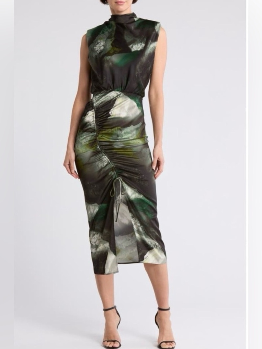 AllSaints Sleeveless Green Ruched Midi Dress
